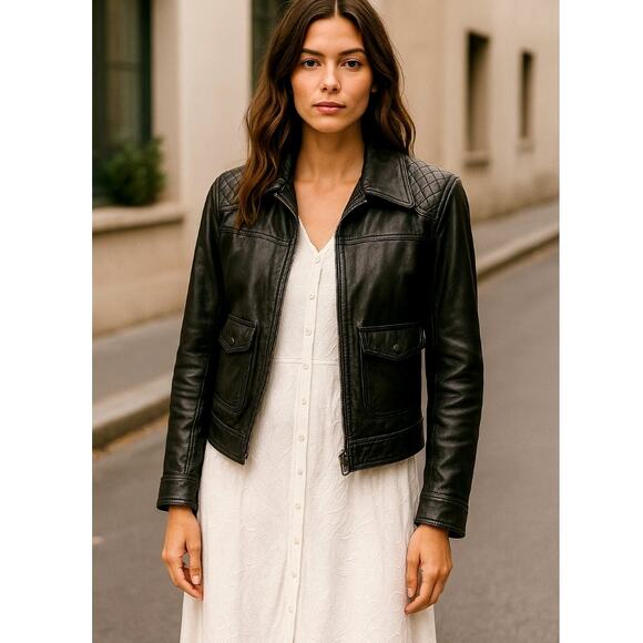 Calvin Klein S VINTAGE y2k Quilted Leather Motorcycle Jacket Elbow Patches Black - Picture 1 of 14